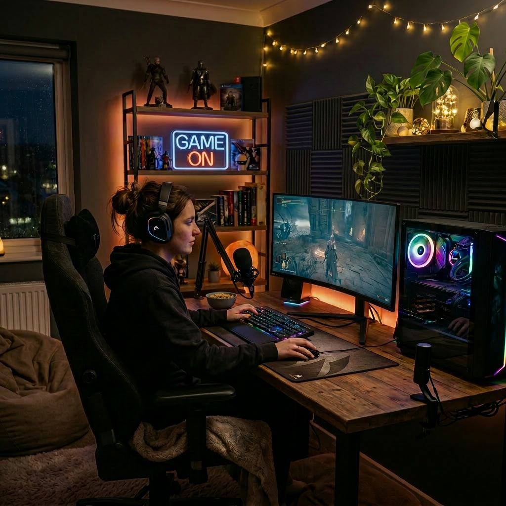 Woman playing video game on curved monitor with RGB-lit PC and gaming accessories